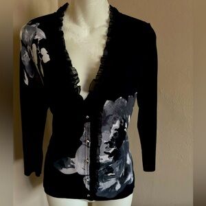White House Black Market Black Cardigan with Gray Floral Print